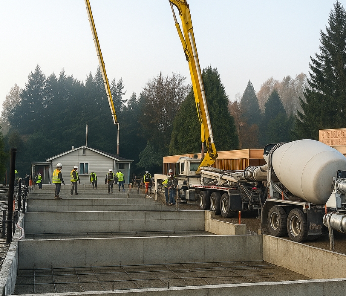 Crane lifting materials at Surrey townhouse site surrounded by nature and forest backdrop.