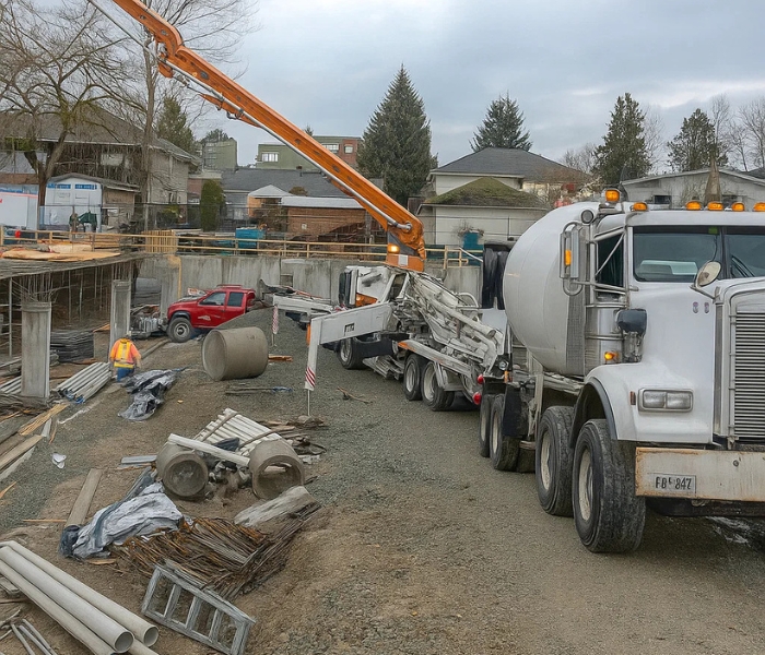 Construction site for new Surrey townhouse development with concrete foundation and framing in progress.